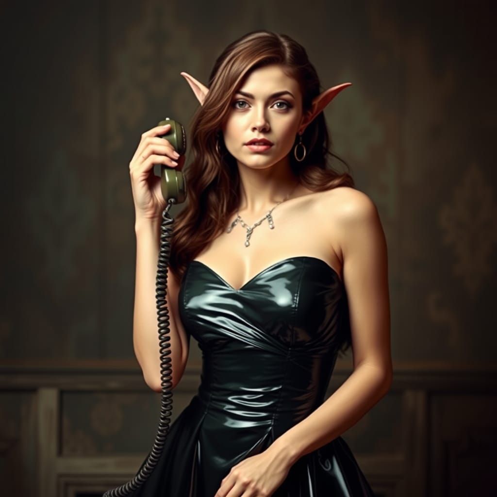 Elf Woman in Latex Dress with Vintage Phone