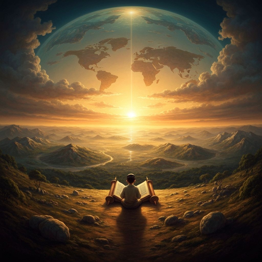 Child Studies Torah in Epic Dawn World Panorama
