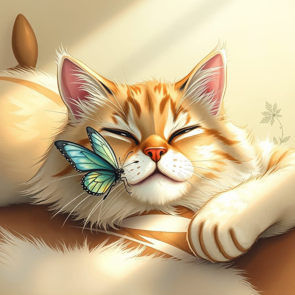 Whimsical Cat in a Sunbeam with Delicate Butterfly