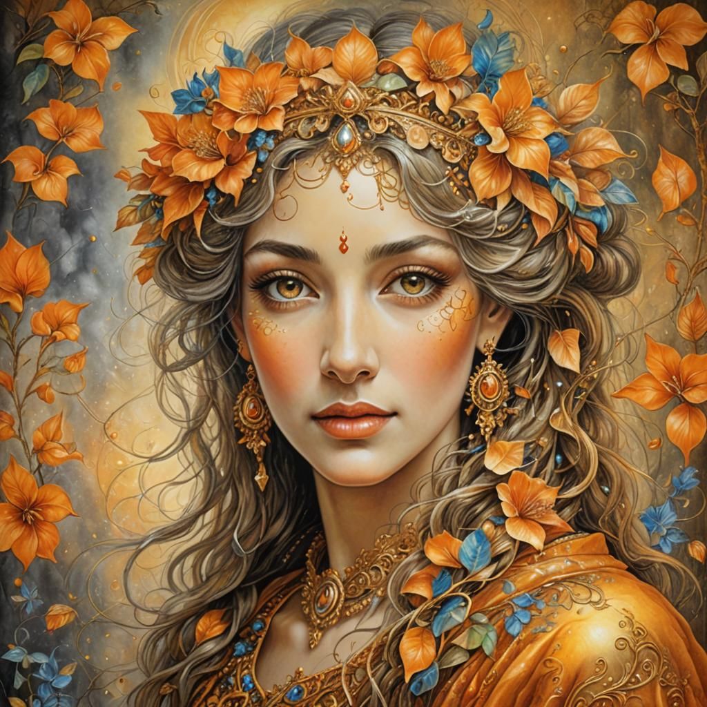 Orange Pencil Portrait on Gold Background