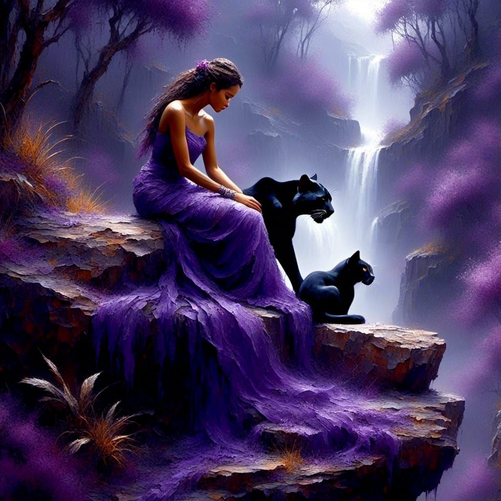 Watercolor Woman with Panther in Purple Rainforest