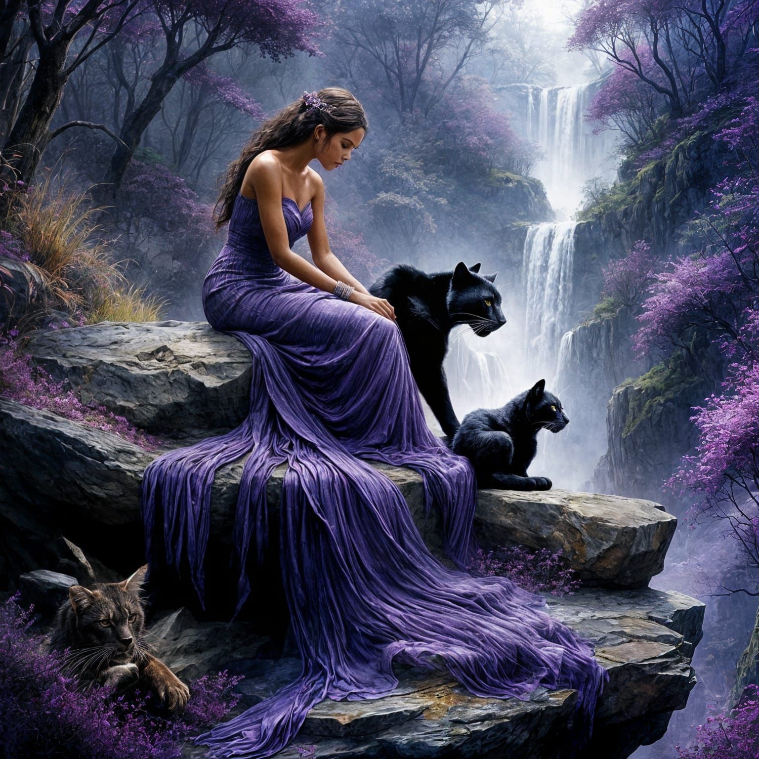 Watercolor Woman with Panther in Purple Rainforest