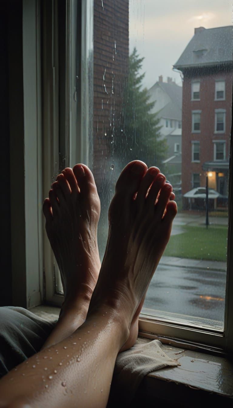 Photorealistic Woman's Feet Against a Misty Window