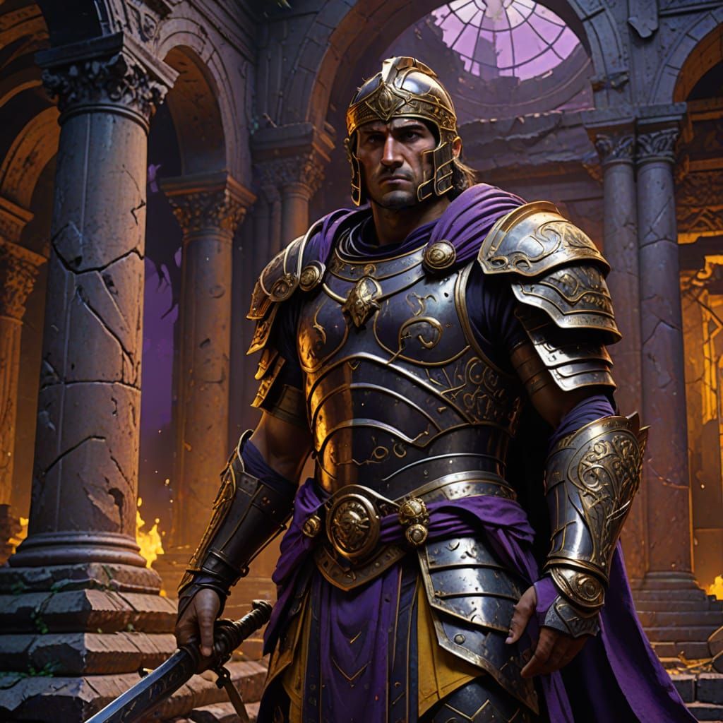 Roman Warrior in Ruined Temple, Dark Fantasy Art