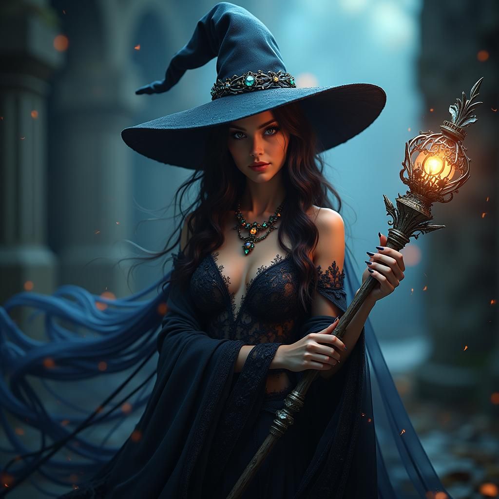 Mystical Witch with Gemstone Wand in 3D Render