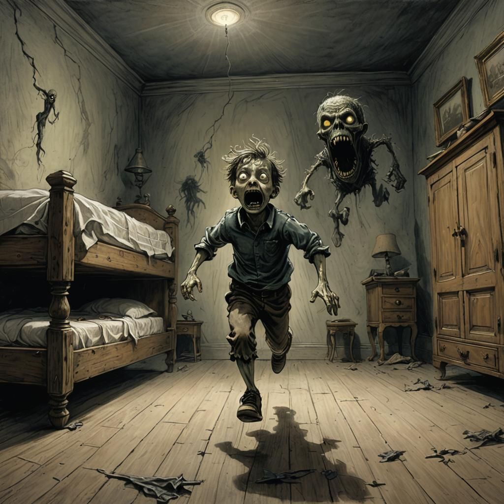 Boy Running From Spectre: Dark Fantasy Illustration