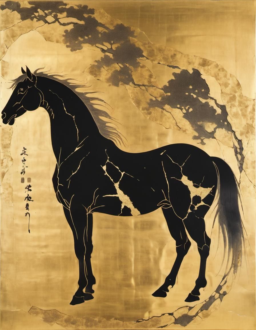 Horse Silhouette in Gold, Itō Jakuchū Style