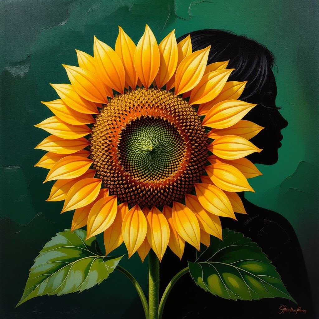 Textured Oil Painting of Sunflowers with Glass Silhouette