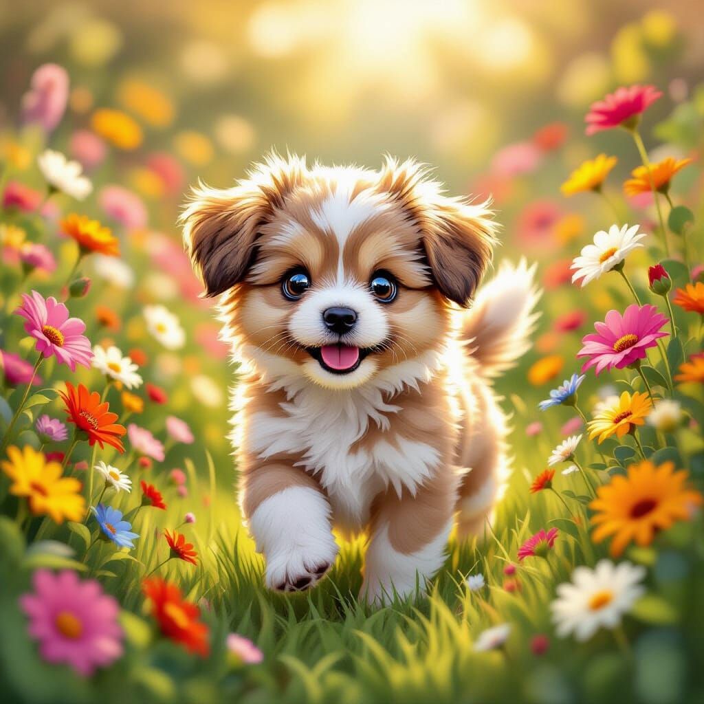 Whimsical Storybook Puppy in a Blooming Garden