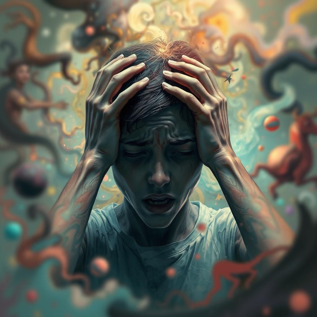 Distressed Person in Surreal Digital Art Style