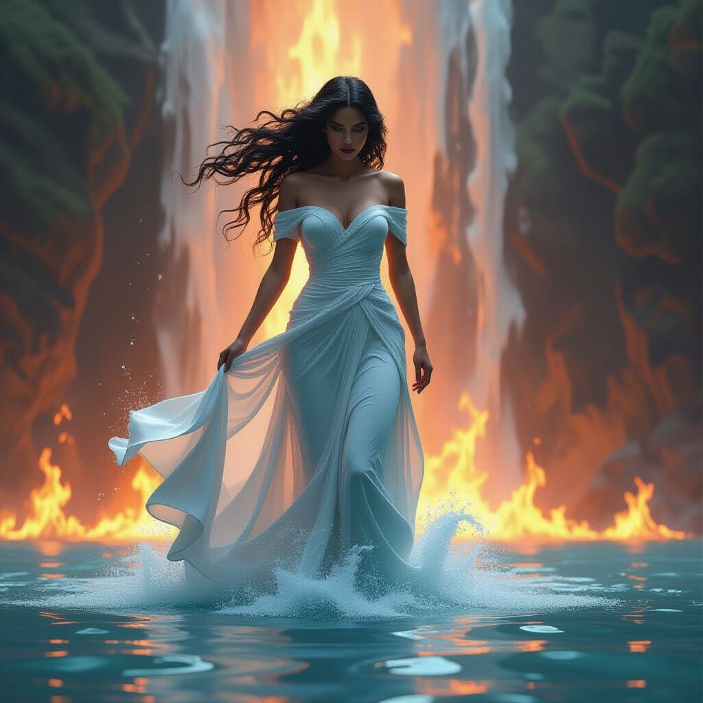 Water Goddess Emerges from Fire in Digital Art Style