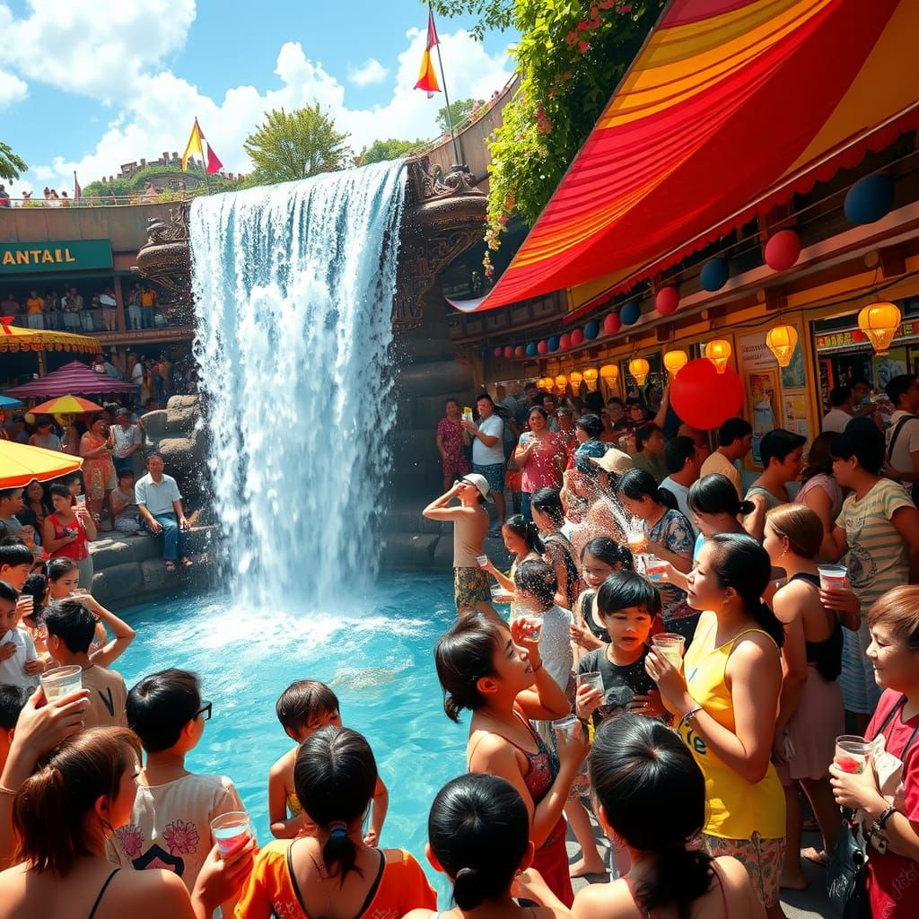 Joyful Water Festival with Cascading Waterfall