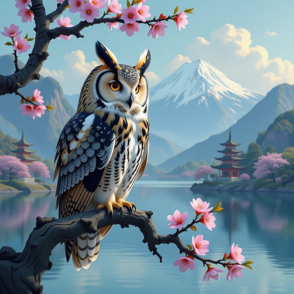Celtic Owl on Sakura Branch in Art Nouveau Style