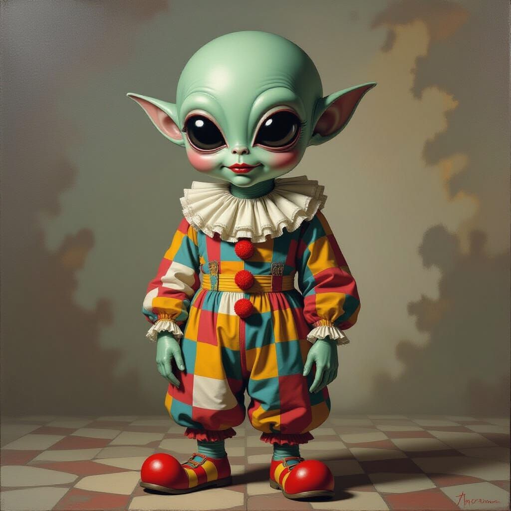 Melancholy Alien Clown in Surrealist Oil Painting Style