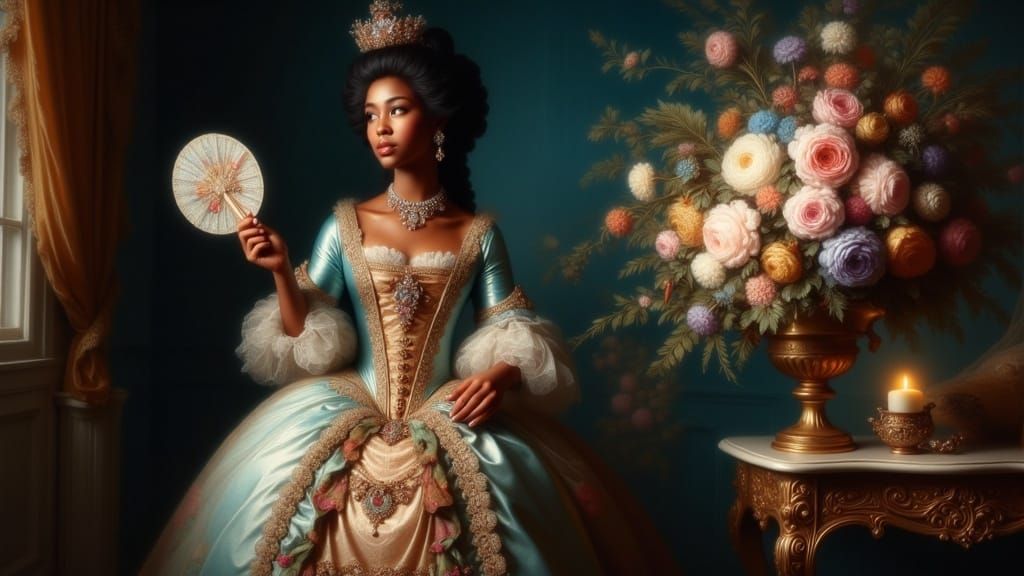 Rococo Beauty Shines in 18th-Century Attire with Lavish Ruby...