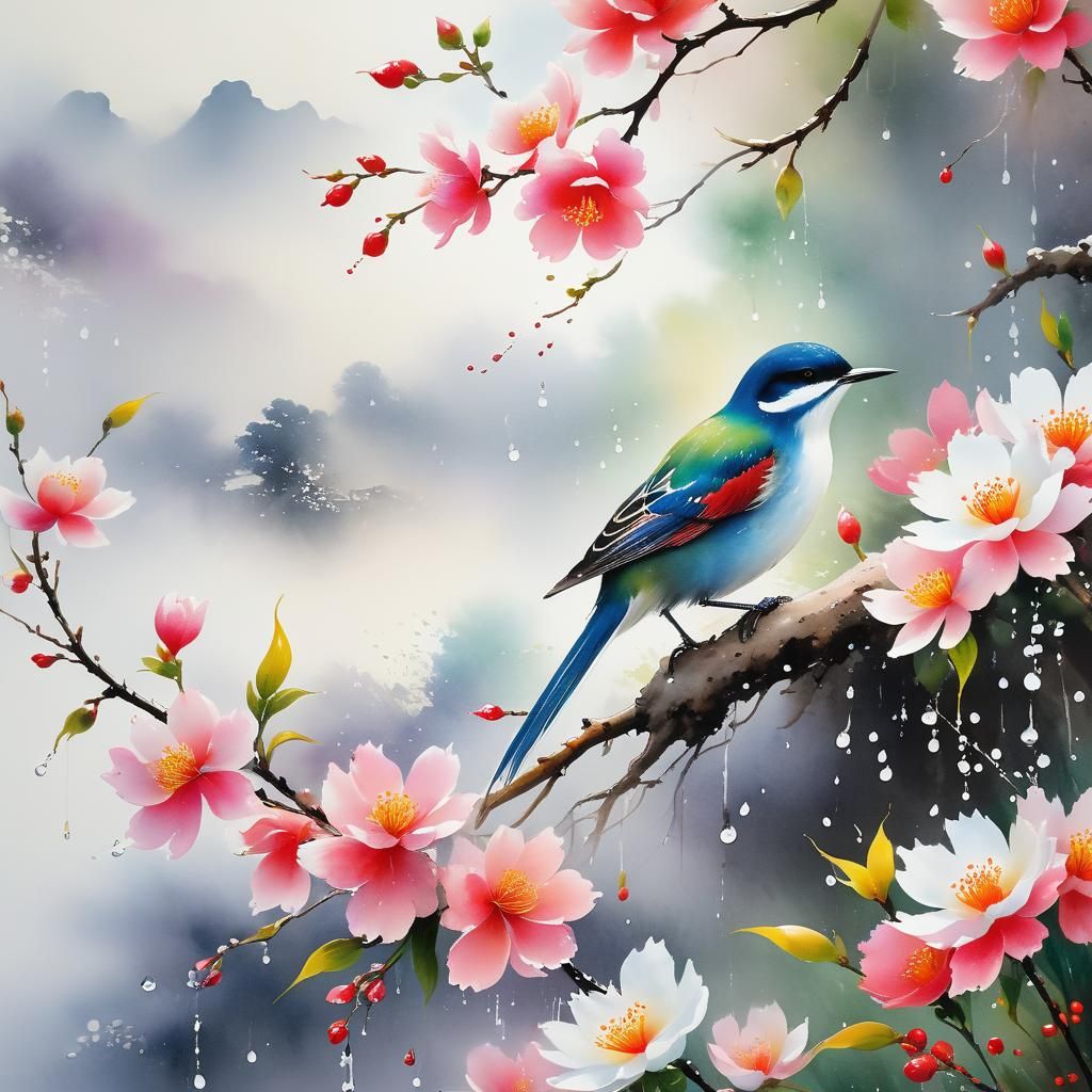 Bird in Vibrant Watercolour Flower Garden