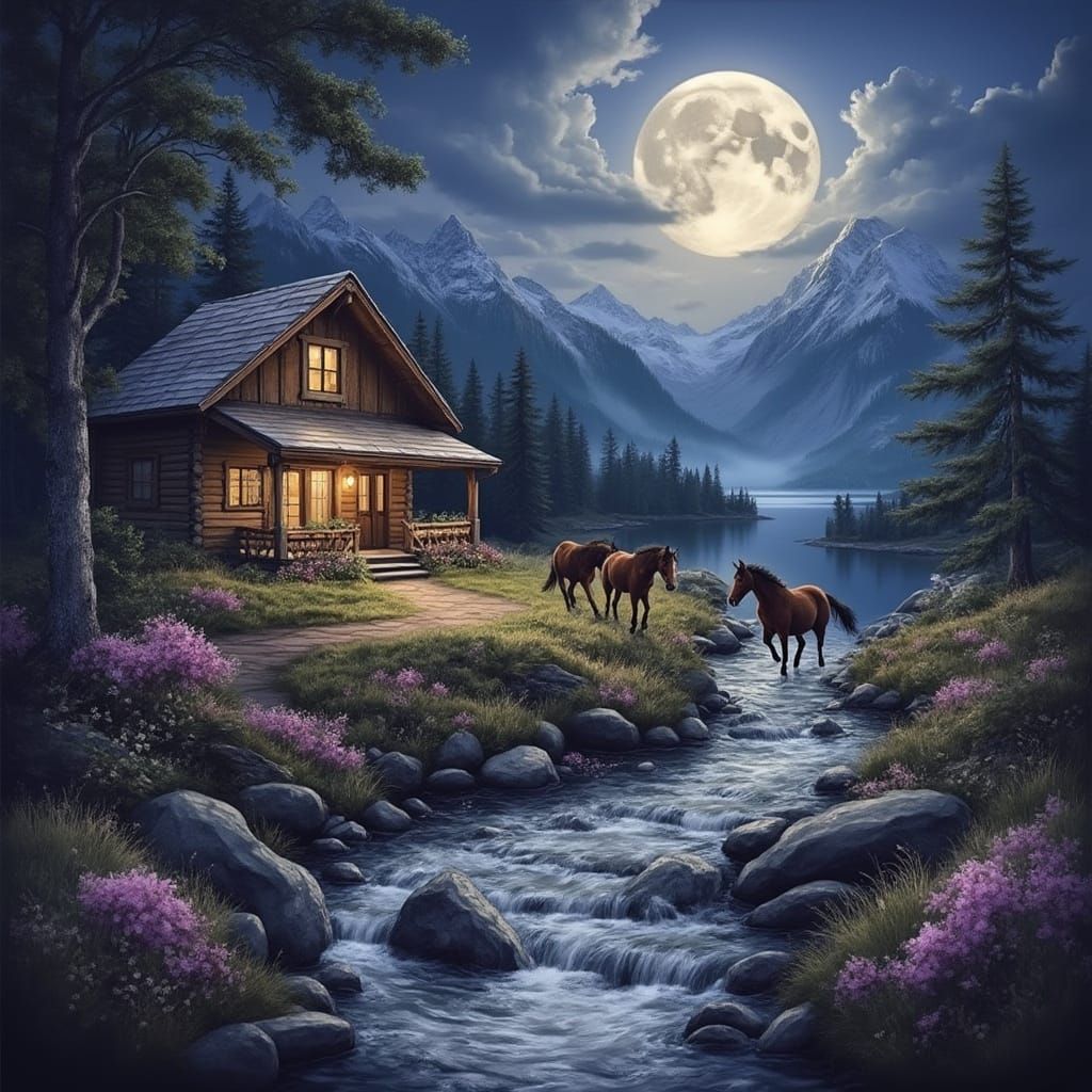 Moonlit Horses Run Free in the Swiss Alps