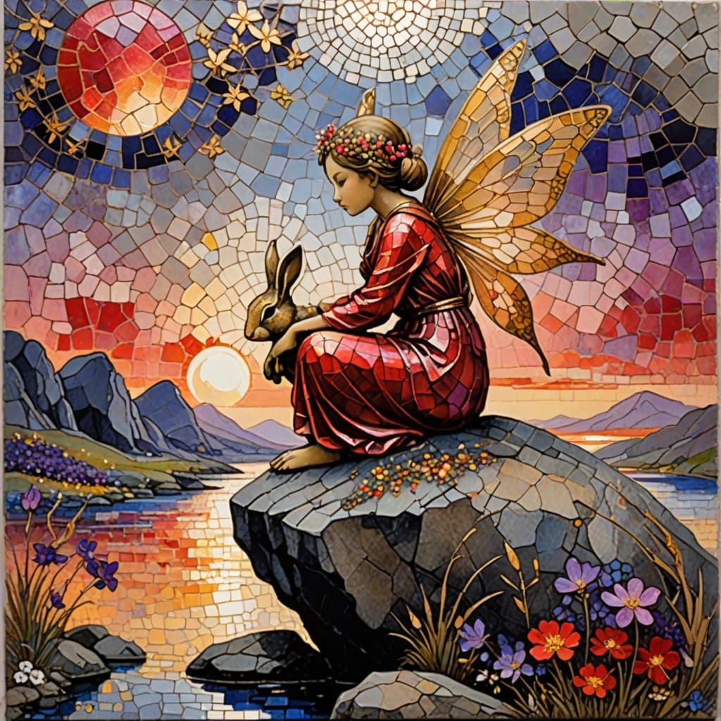 Whimsical Fairy and Bunny Mosaic in Vibrant Sunset Colors