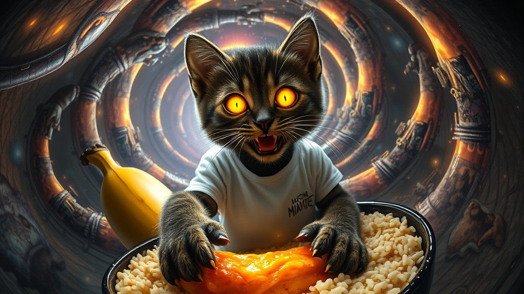 Gargantuan Banana with Cybernetic Kitten in Galaxy Vortex