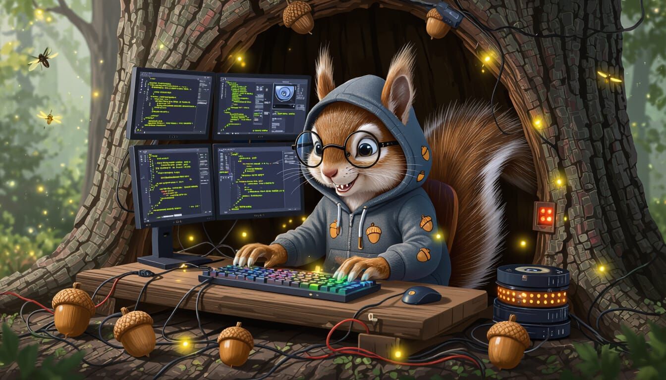 Squirrel Hacker in Cyberpunk Woodland Scene
