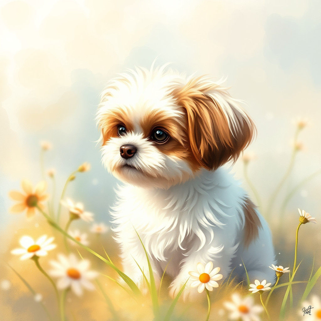 Serene Shih Tzu in Whimsical Watercolor Landscape