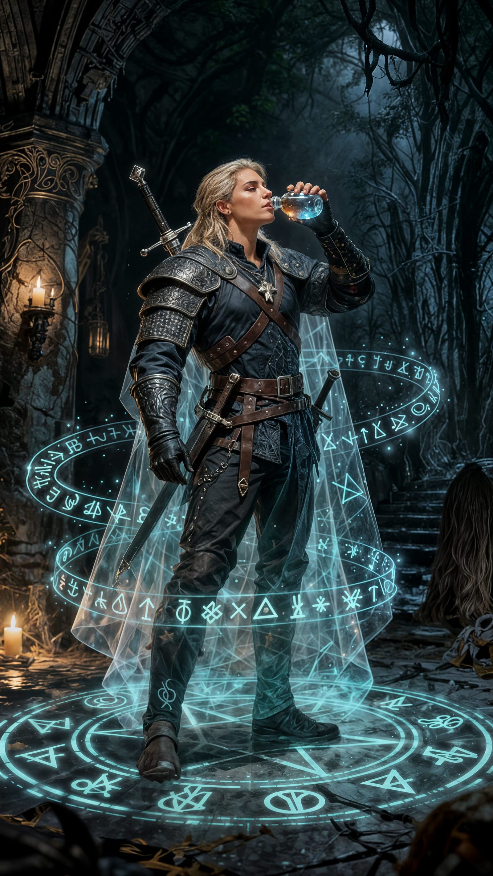 Witcher Drinks Potion in Crypt with Occult Symbols