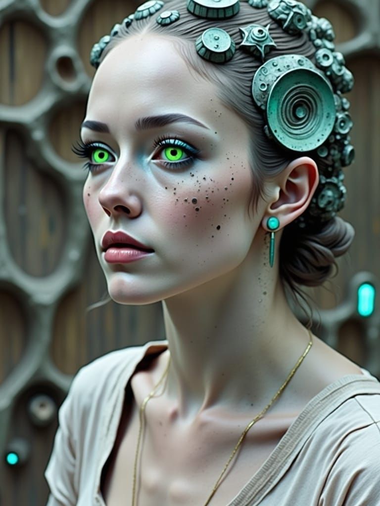 Biomechanical Woman in Organic Chamber, Cyberpunk Style