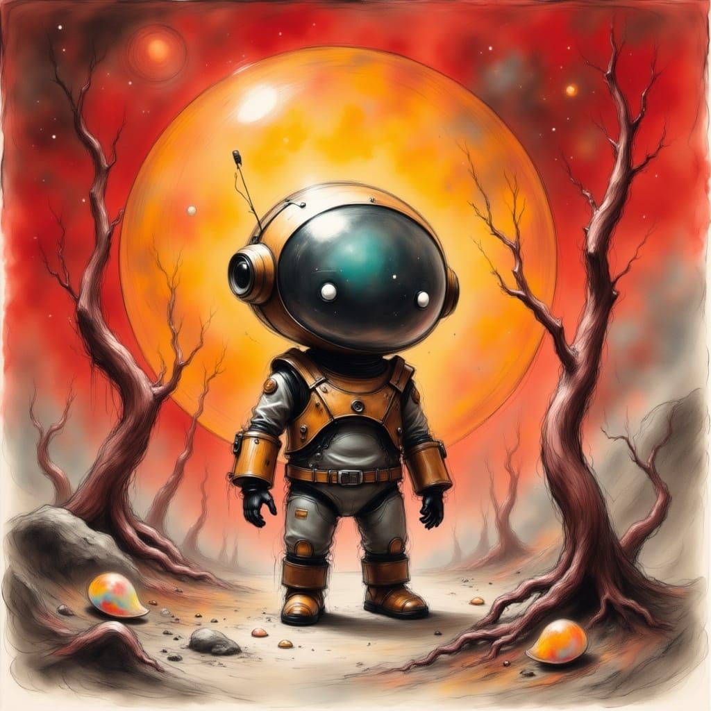 Whimsical Robot Amidst Alien Beachscape in Retro-Futuristic ...