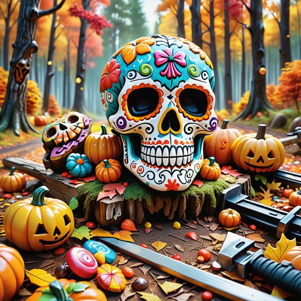 Hyper-Realistic Sugar Skull Art in Autumn Forest