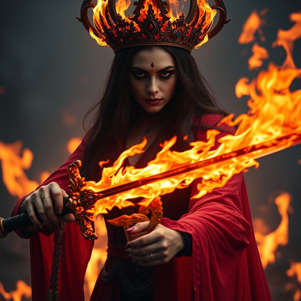 Majestic Demon Queen Ignites with Flaming Sword