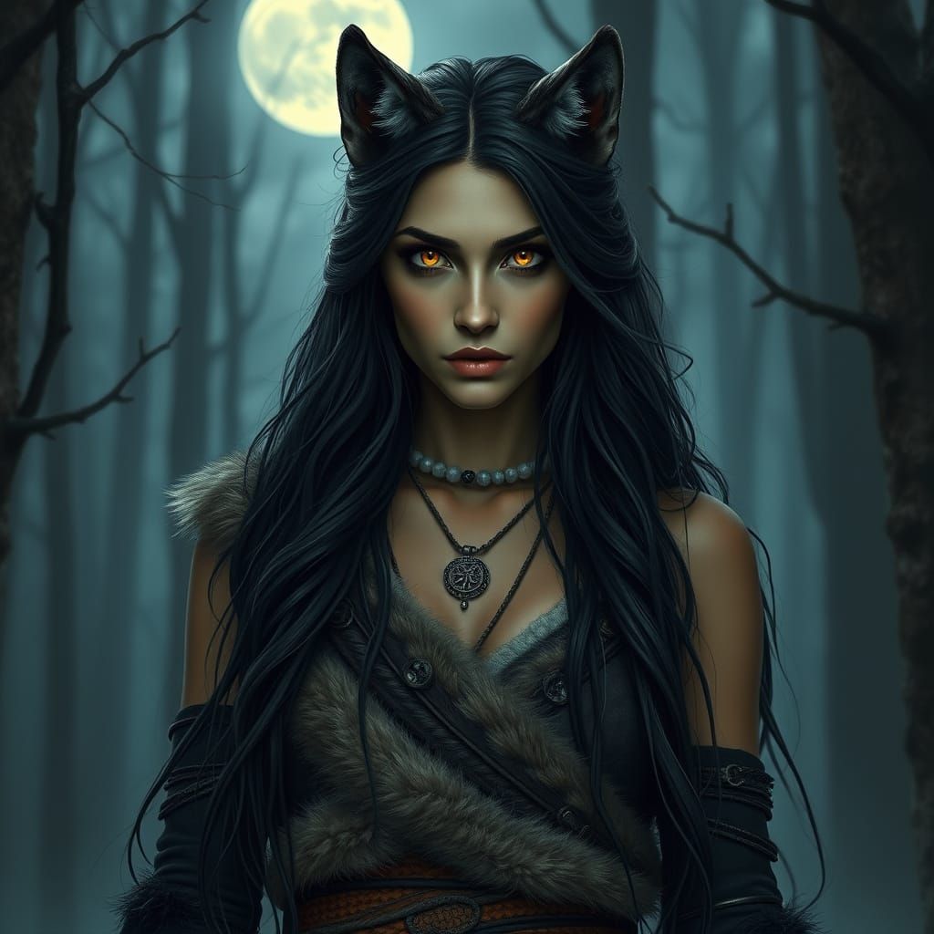 Wolf-like Woman in Misty Forest, Dark Fantasy Art