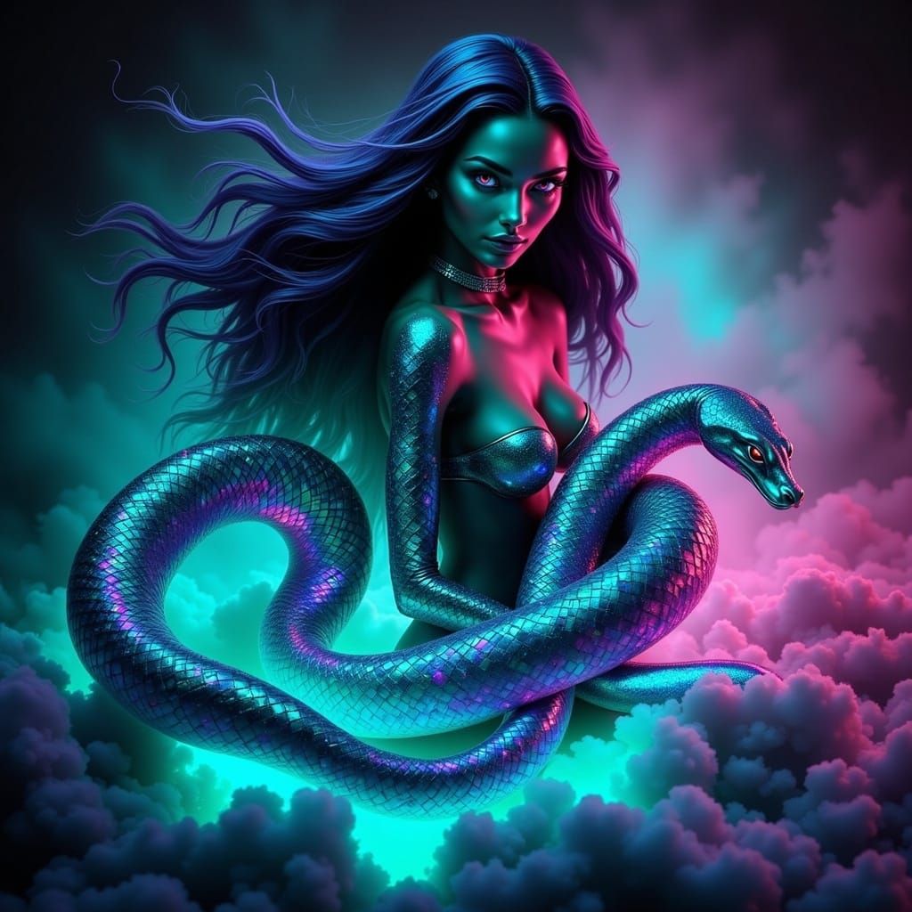 Pisces Woman with Snake in Neon Glow
