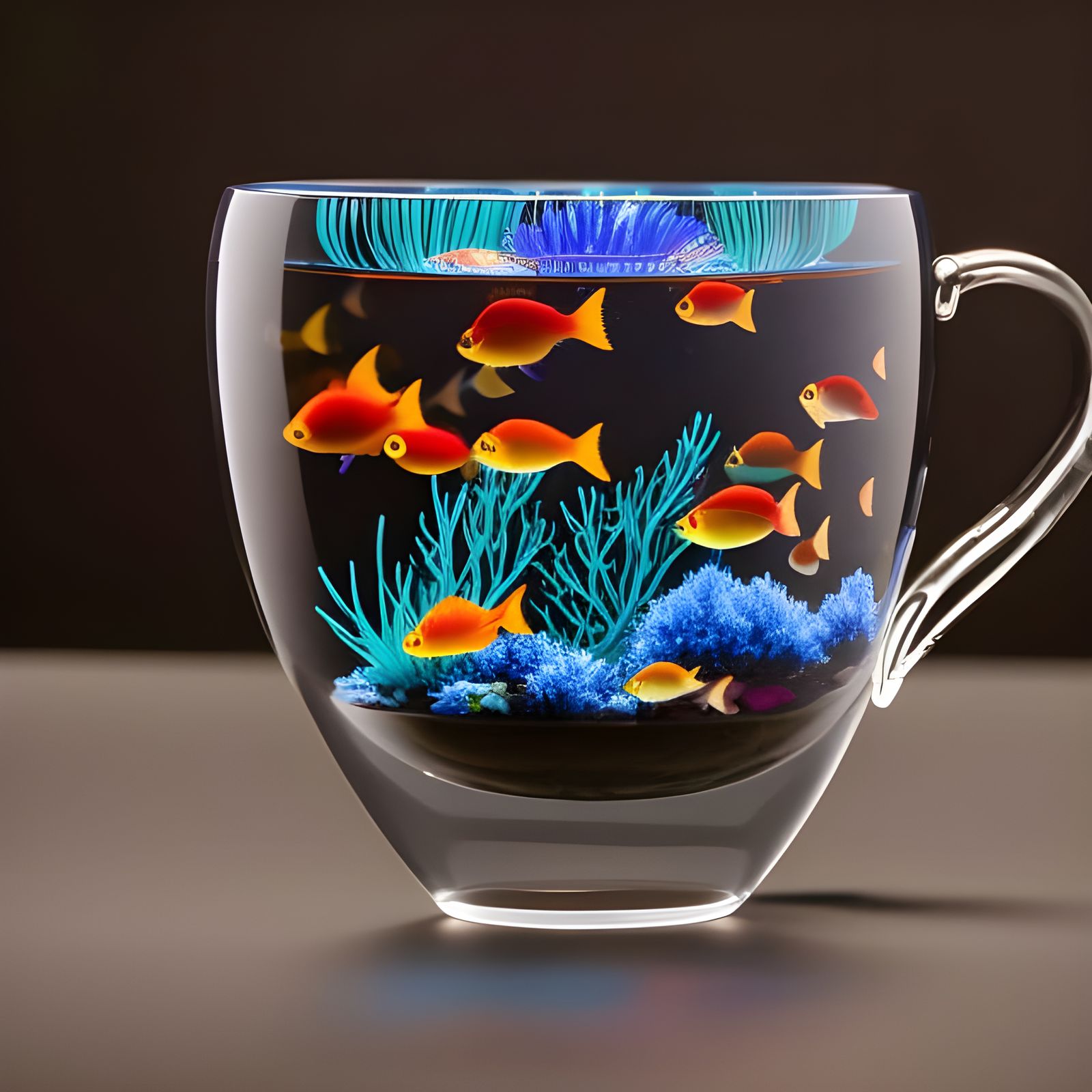 Glowing Teacup Aquarium with Colorful Fish