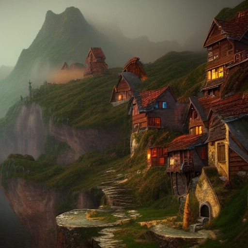 Cliffside Village in Mist: Fantasy Concept Art