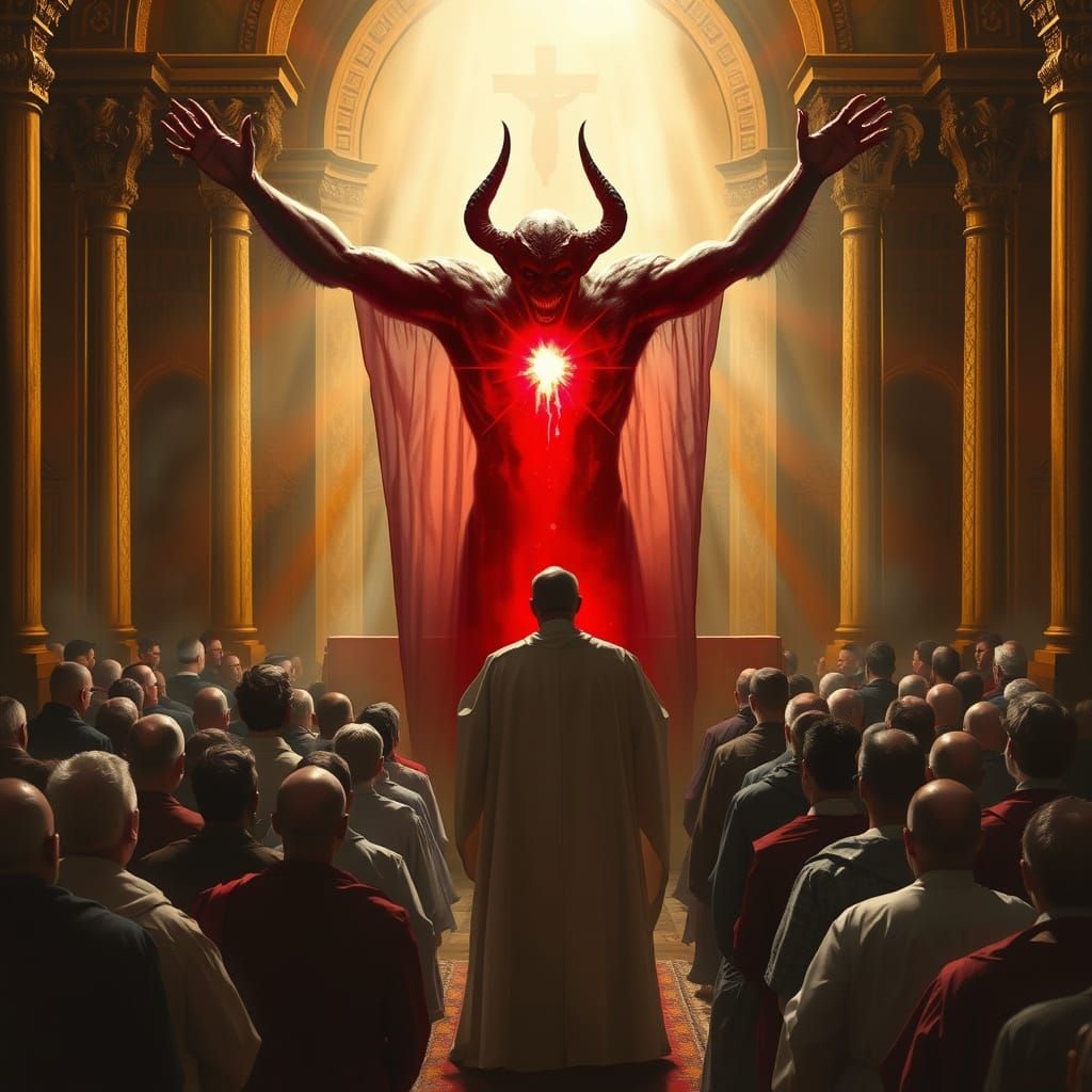 Dark Fantasy Scene of Worshipers and a Snarling Demon