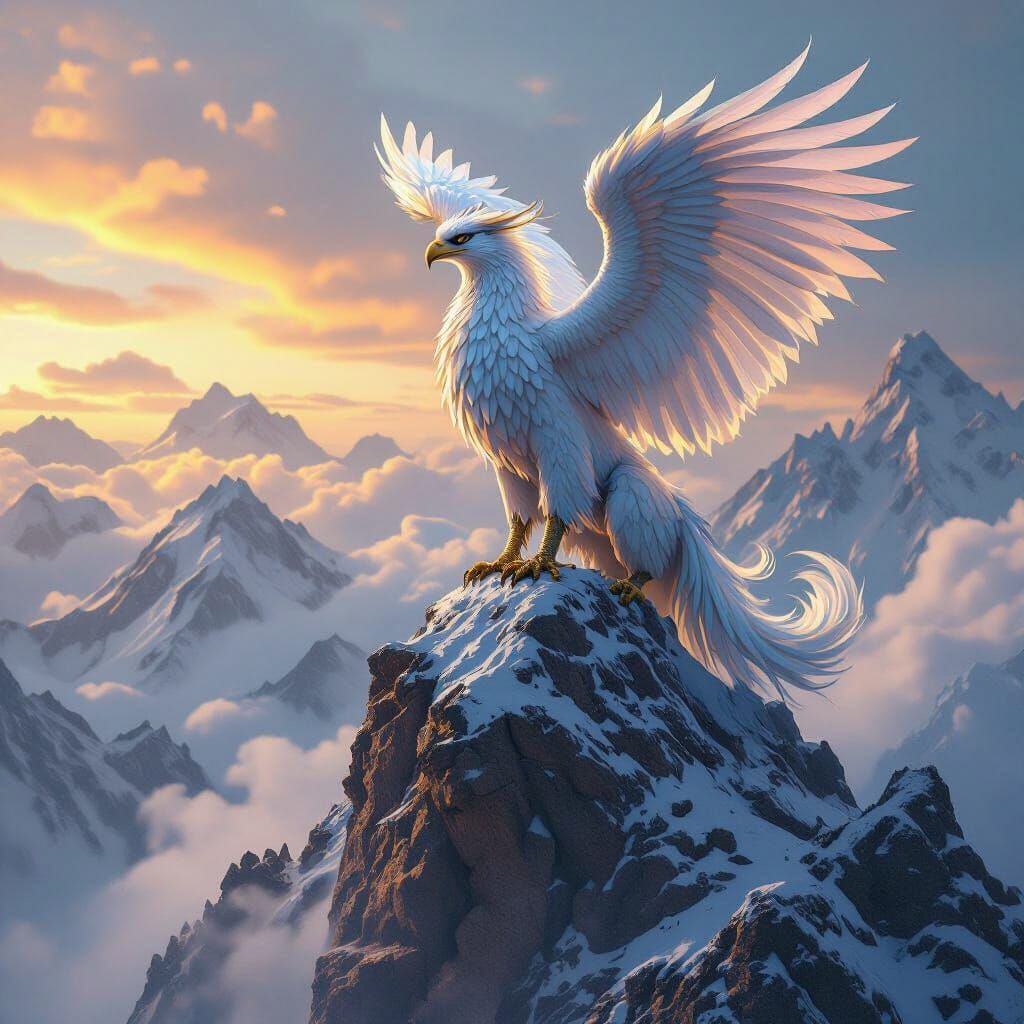 Griffin Perched Atop Snowy Mountain Peak