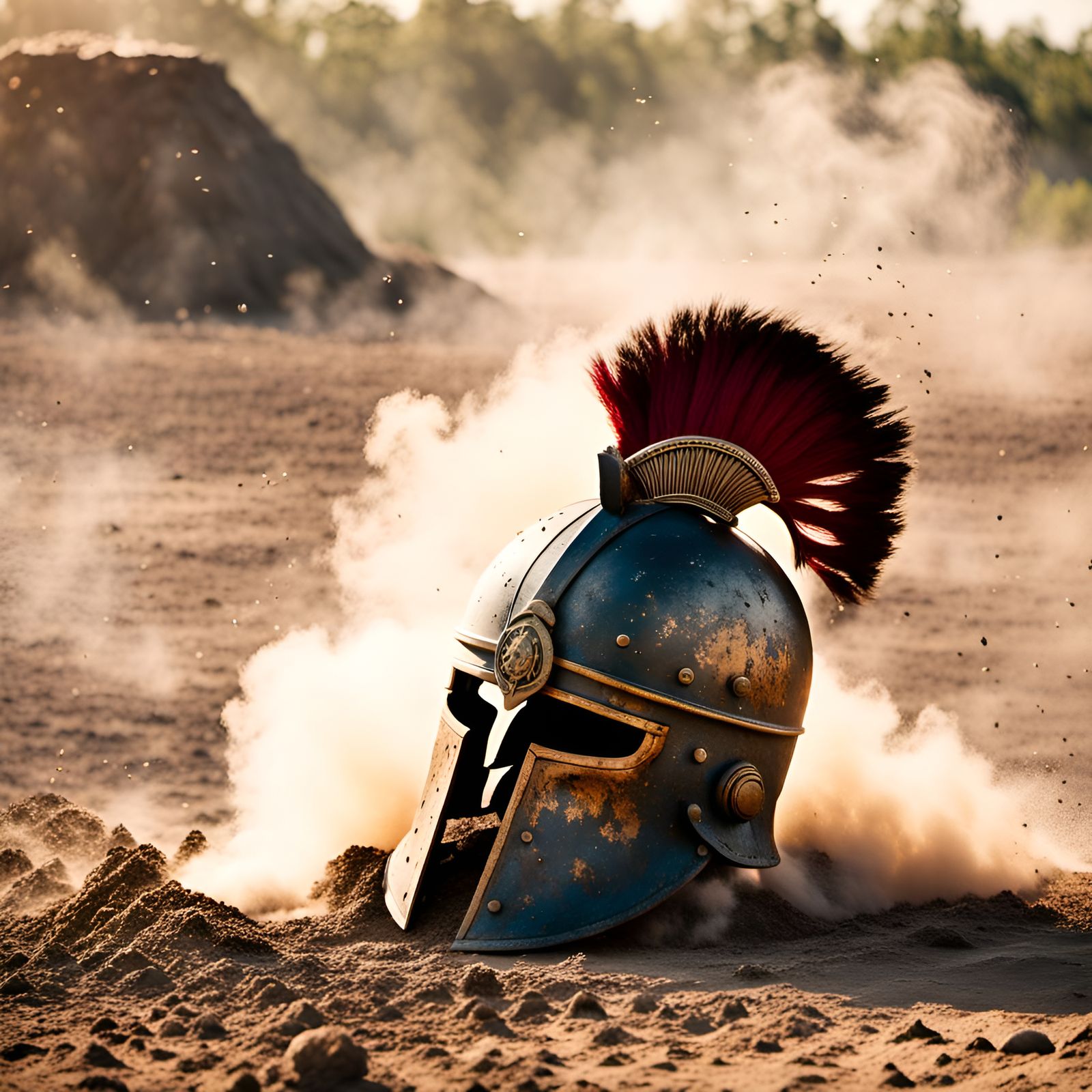 Spartan Helmet in Dust: Cinematic Battlefield Scene