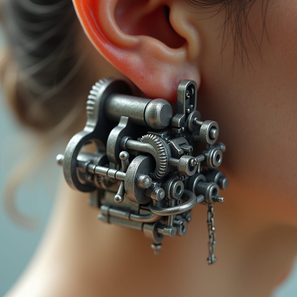Combustion Engine Earring: Hyper-Realistic Industrial Art