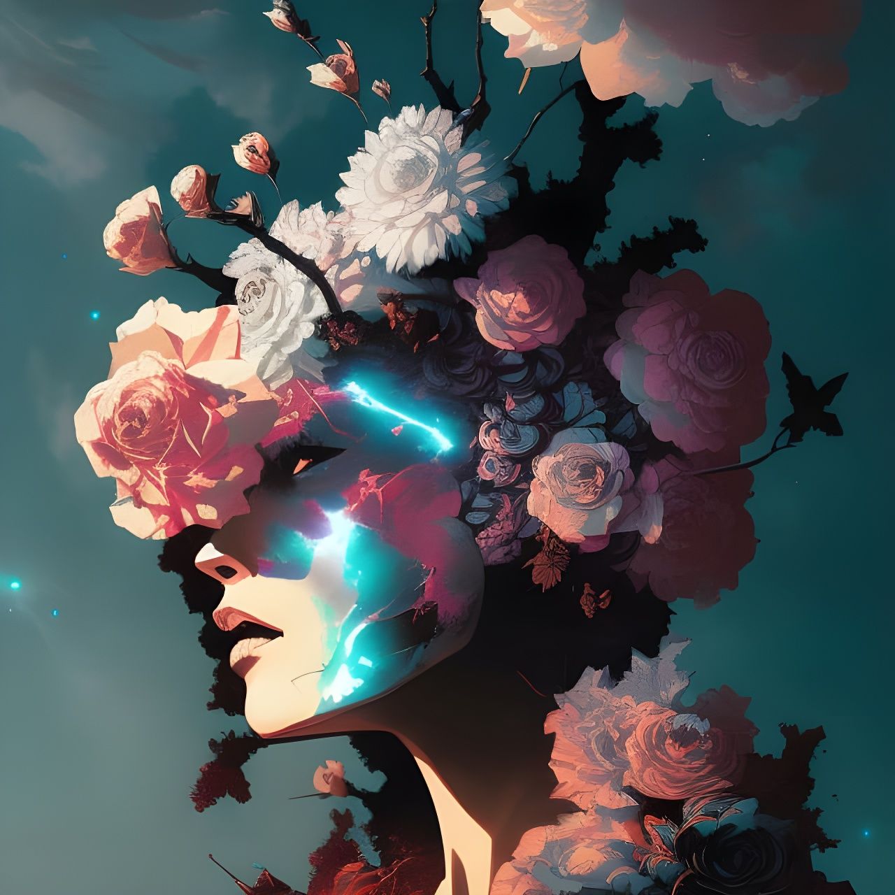 Fractured Rose Skull: A Celestial Digital Rendering