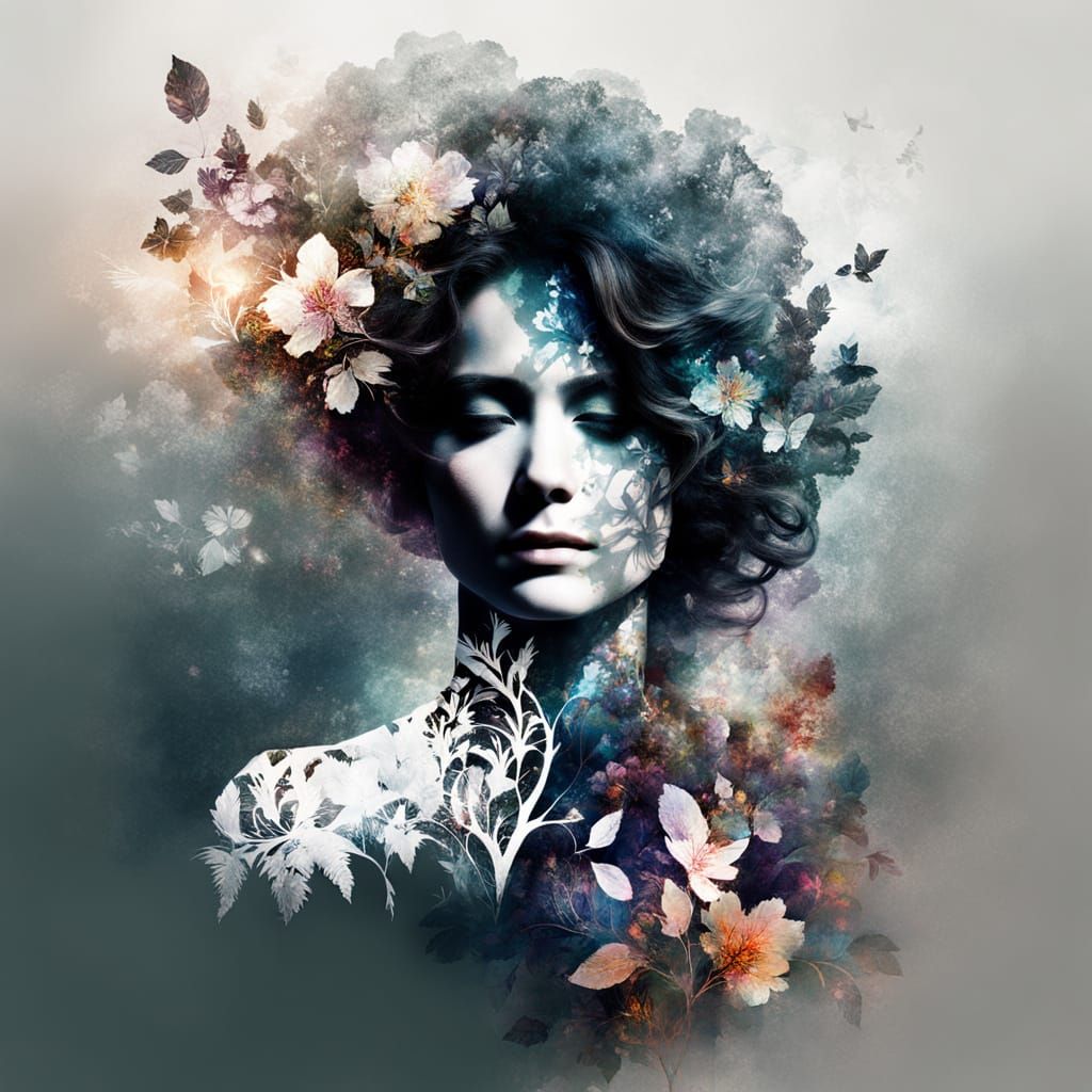 Ethereal Double Exposure Portrait with Floral Detail