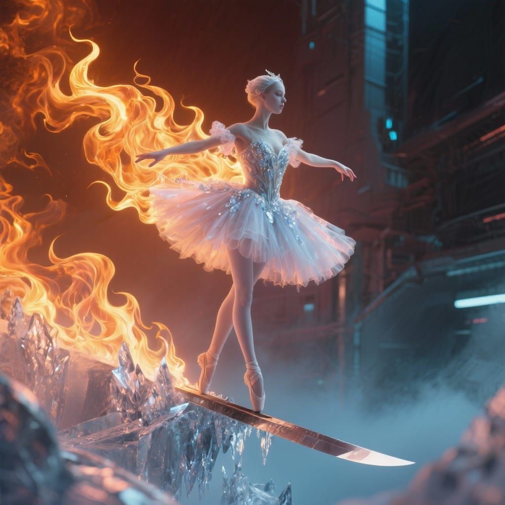 Ballerina on Blade's Edge: Silk Flames & Crystal Tutu