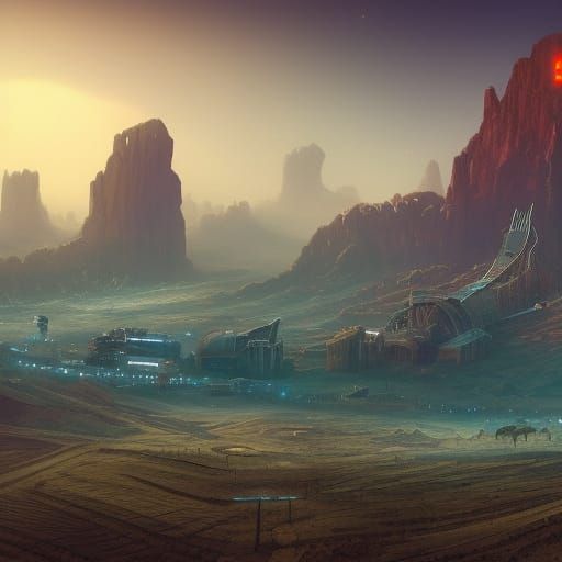 Arid Sci-Fi Farms: Detailed Matte Painting