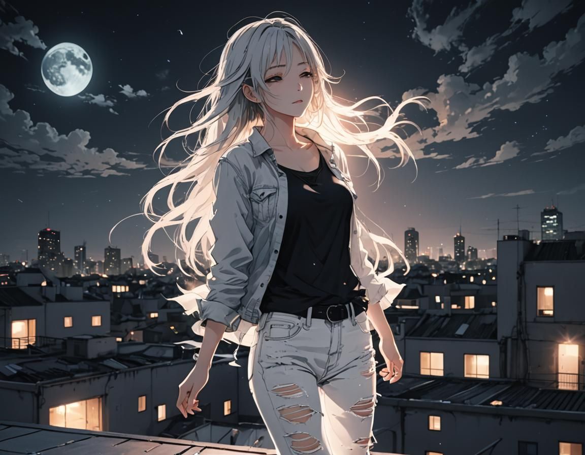 Anime Girl Dancing in Moonlight Double Exposure
