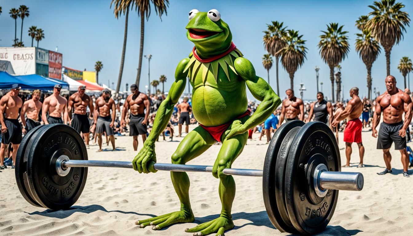 Muscular Kermit Frog Lifts Weights at Venice Beach