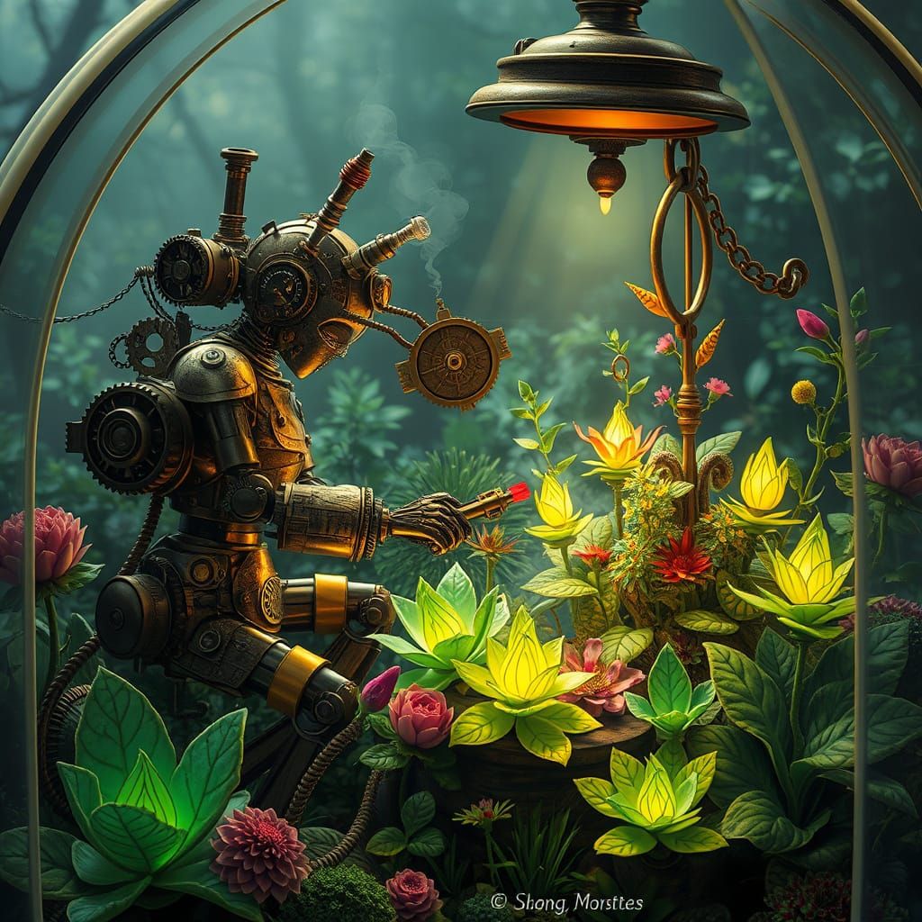 Steampunk Automaton Tends to Enchanted Bioluminescent Garden