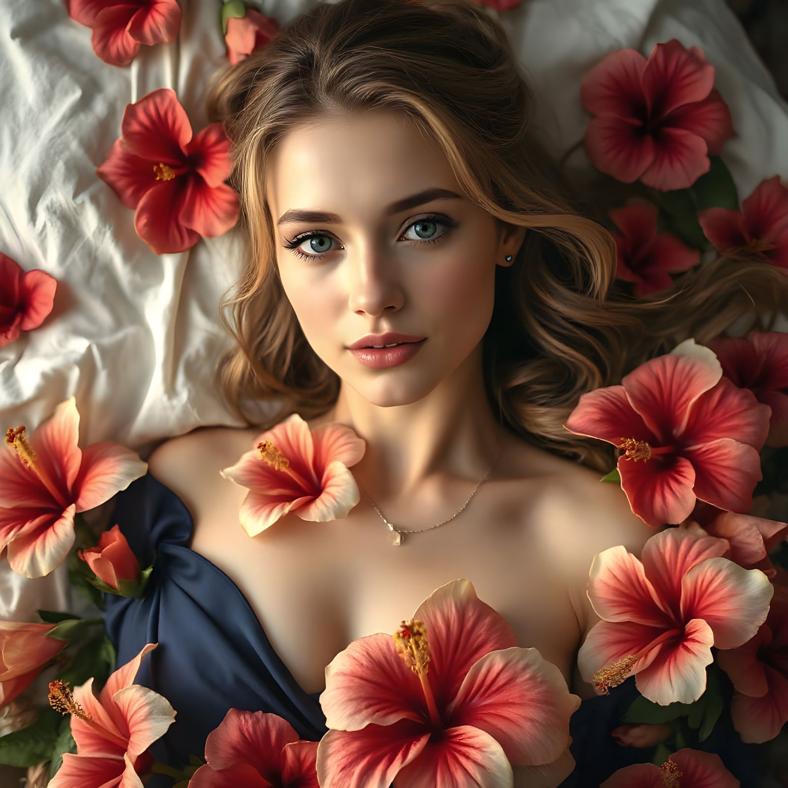 Sensual Woman on Hibiscus Flower Bed