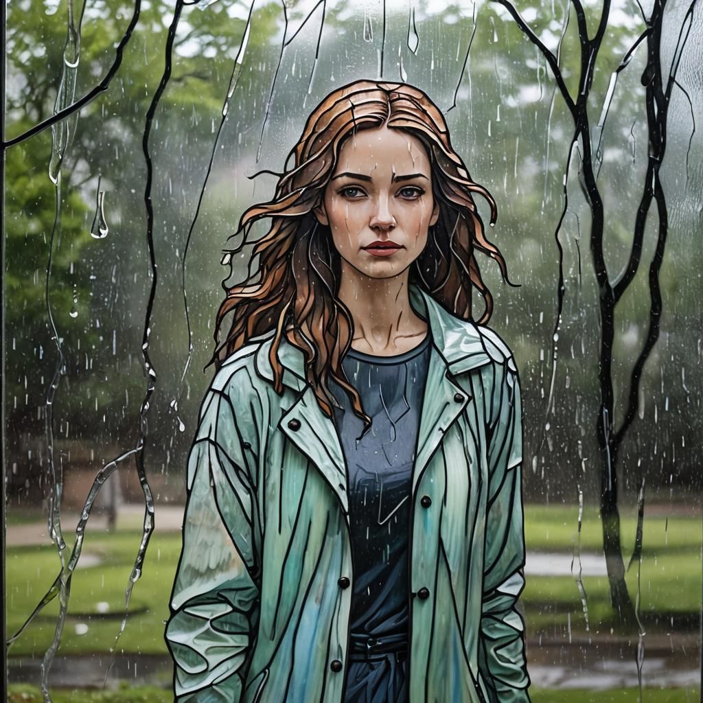 Stained Glass Art of Woman in Rainstorm
