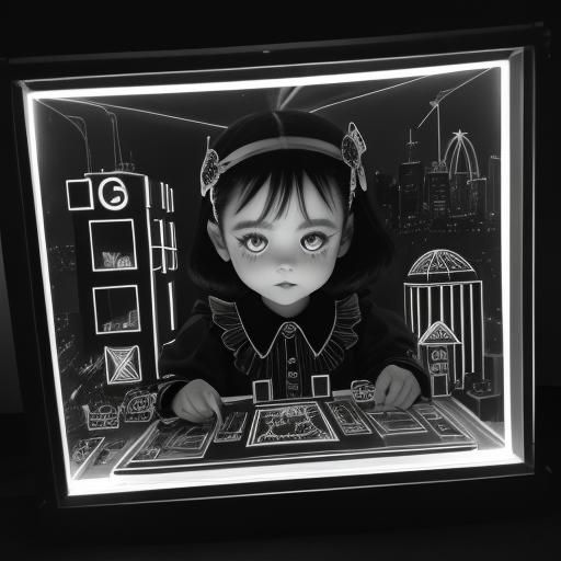 Surreal Rayograph with Rainbow Fairy and Neon Cityscape