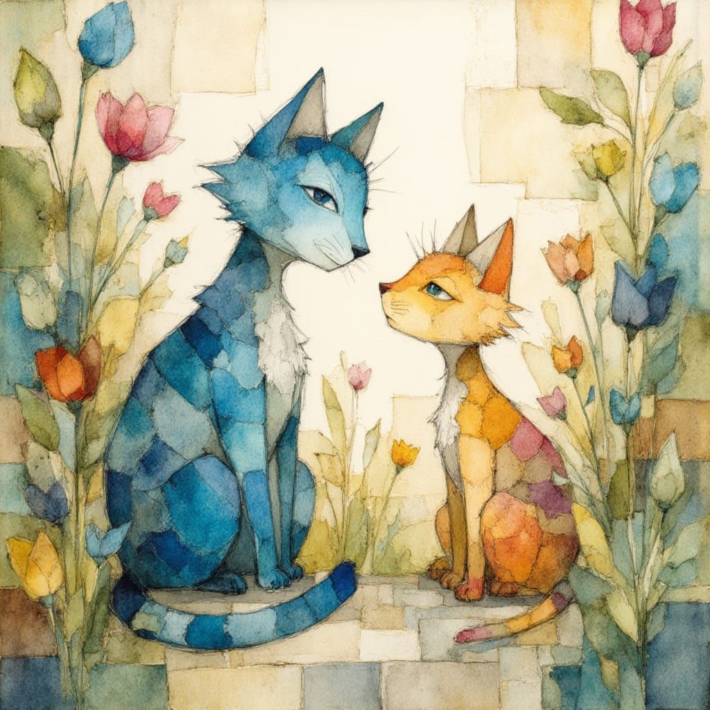 Cats in Garden: Abstract Watercolor and Encaustic