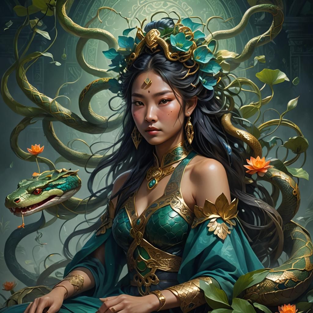 Asian Snake Woman on Lotus Throne